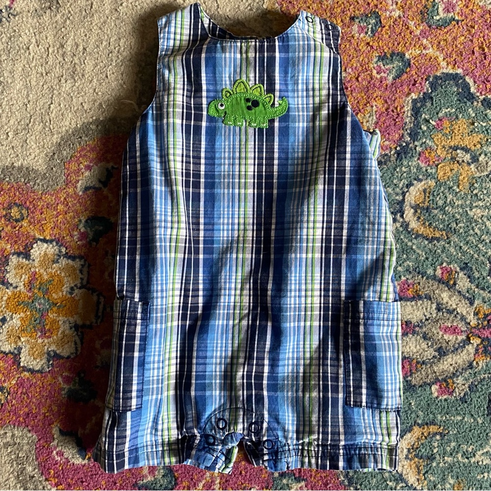 Baby Boy Overalls Dinosaur Dino Blue Green Plaid Size 18 Month